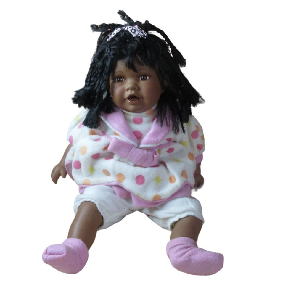 Cathay Collection African American 22" Porcelain Doll in Pink Outfit
